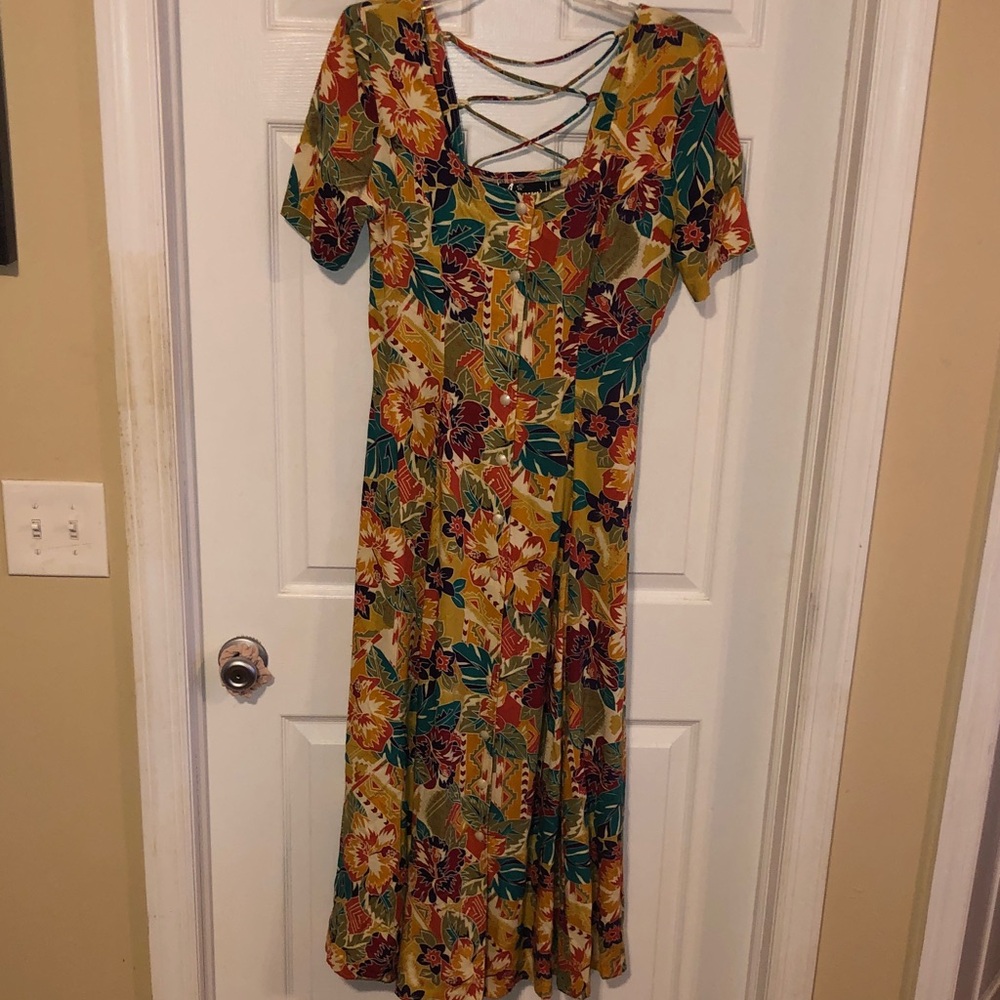 Vintage 90s Tropical Print Fit & Flare Maxi Dress